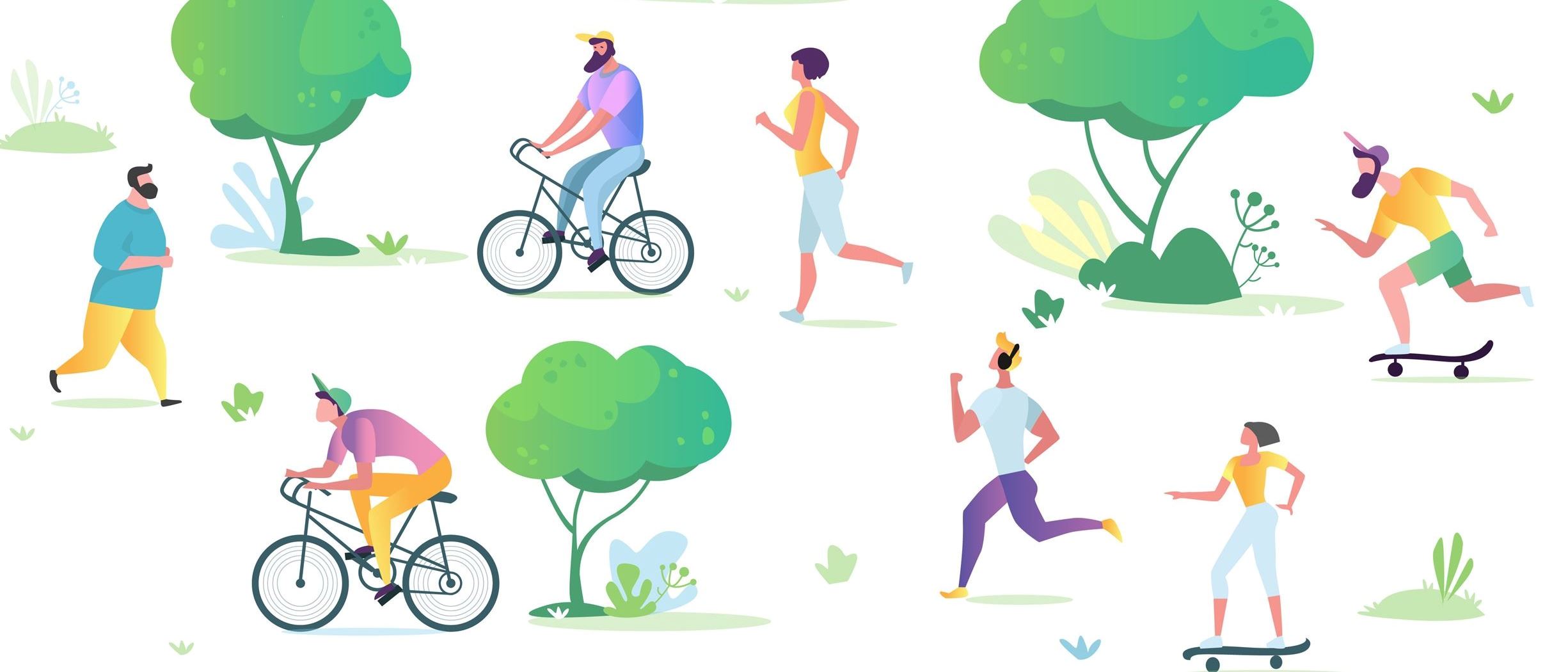 Illustration of 9 people dispersed around four trees, each doing a different activity