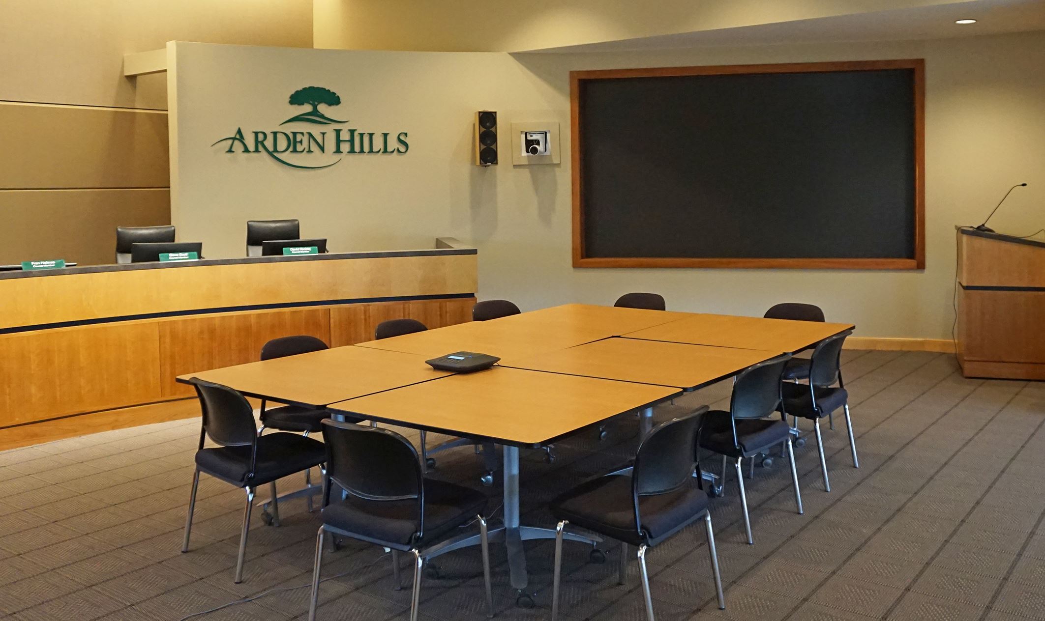 View of the presentation screen in Arden Hills City Council Chambers